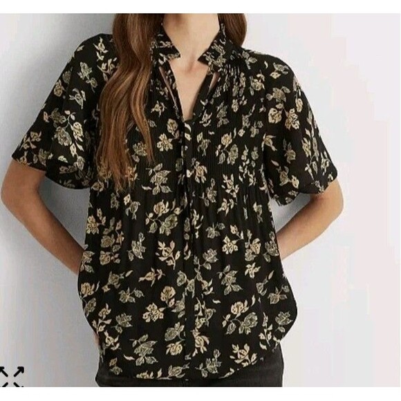 Lauren Ralph Lauren Women's Neck Tie Bell Sleeve Floral Georgette Blouse 2X - Picture 10 of 10